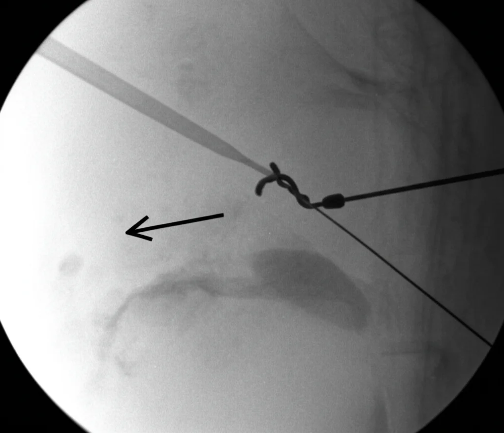 Immagine fluoroscopica in bianco e nero, stile film noir, che mostra una pinza da biopsia endovascolare (freccia) aperta all'interno della vena cava inferiore trombizzata a livello L1-L2. Obiettivo prime 35mm, profondità di campo ridotta, dettagli nitidi dello strumento medico.