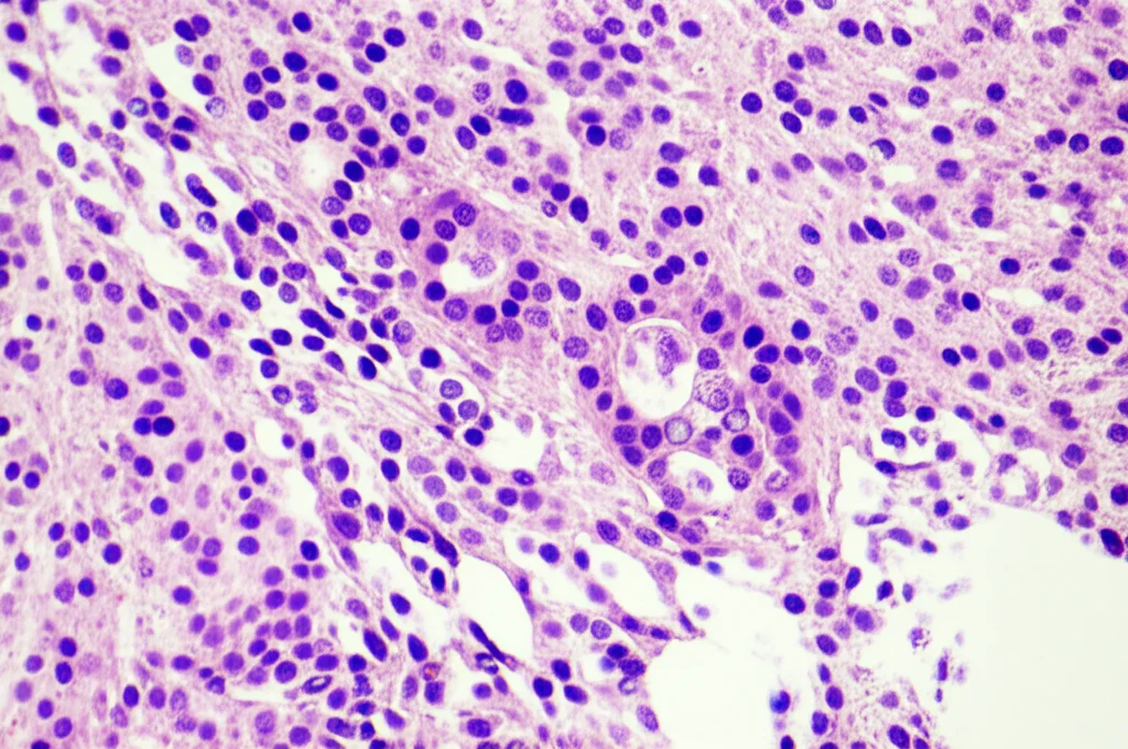 Microfotografia ad alto dettaglio di un campione di tessuto tumorale, carcinoma renale a cellule chiare, su un vetrino da microscopio. Illuminazione controllata da laboratorio, obiettivo macro 100mm, messa a fuoco precisa sulle strutture cellulari e sui nuclei atipici.