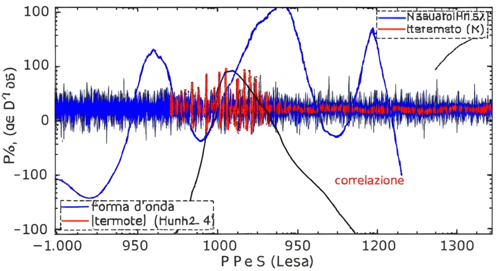 Visualizzazione grafica delle forme d'onda sismiche. In rosso la forma d'onda del terremoto 'template' (Hunhe ML2.4) e in grigio una forma d'onda simile rilevata dal metodo Match and Locate, mostrando la correlazione. Stile grafico scientifico, alta definizione, focus sui dettagli delle onde P e S.