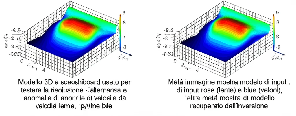 Modello 3D a scacchiera (checkerboard) usato per testare la risoluzione della tomografia sismica. Metà immagine mostra il modello di input con alternanza di anomalie di velocità rosse (lente) e blu (veloci), l'altra metà mostra il modello recuperato dall'inversione. Alta definizione, stile visualizzazione scientifica.
