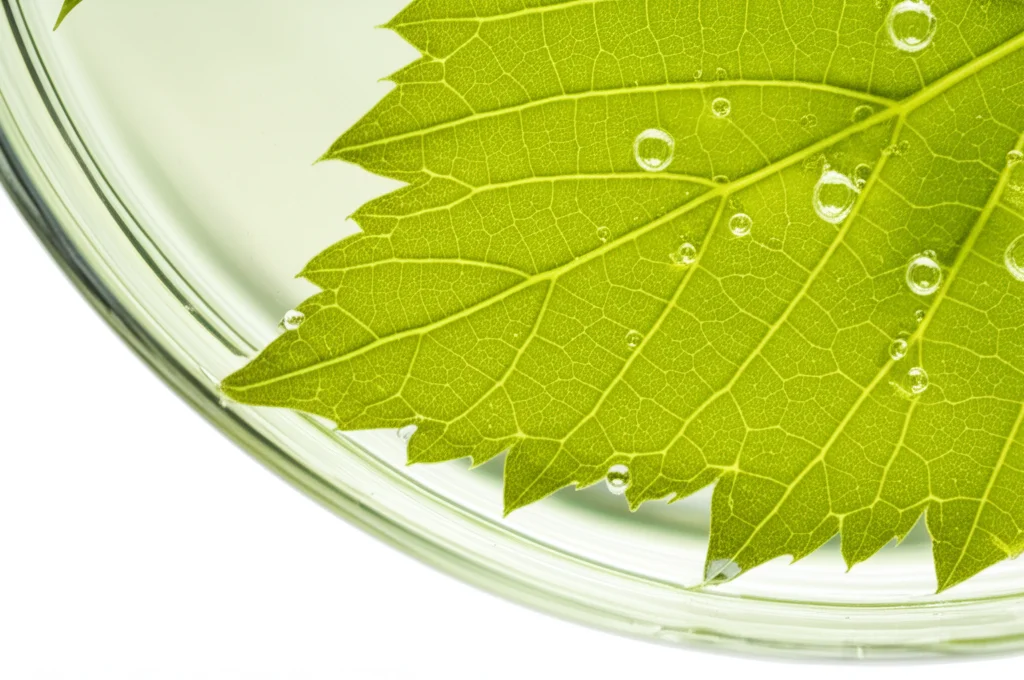 Macro fotografia, 80mm lens, di strisce di foglia di vite Chardonnay verde brillante che galleggiano in una soluzione enzimatica trasparente all'interno di una piastra Petri di vetro, illuminazione controllata per evidenziare la texture della foglia e le bollicine della soluzione, alta definizione, messa a fuoco precisa sulle foglie.