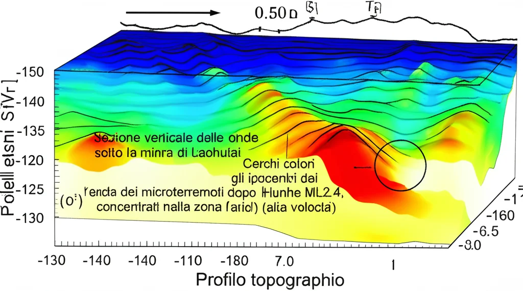 Sezione verticale del modello di velocità delle onde S sotto la miniera di Laohutai. Colori blu indicano alta velocità, colori rossi bassa velocità. Cerchi colorati mostrano gli ipocentri dei microterremoti dopo l'evento Hunhe ML2.4, concentrati nella zona blu (alta velocità) sotto la miniera. Profilo topografico in alto. Stile grafico scientifico, alta risoluzione, etichette chiare.