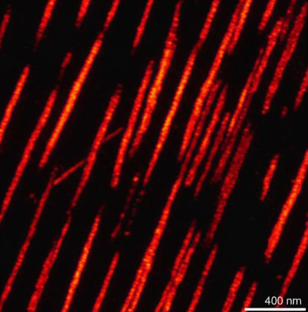 Stile immagine da microscopia a fluorescenza, alto dettaglio: Vista microscopica di un costrutto di glioma U87 biostampato in 3D e trattato con MRT (20 Gy dose di valle). Le cellule morte, colorate in rosso/arancione brillante con Ioduro di Propidio (PI), formano strisce parallele distinte (pattern striato) corrispondenti ai picchi ad alta dose della MRT. La distanza tra le strisce è di circa 400 nm. Sfondo scuro.