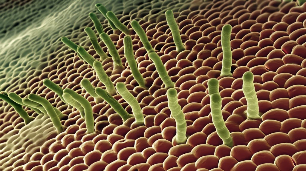 Visualizzazione 3D al microscopio elettronico del batterio Pseudomonas aeruginosa, con focus sui suoi sistemi di secrezione sulla membrana esterna visibili come piccoli pori o canali. Macro lens, 100mm, high detail, precise focusing, controlled lighting, colori realistici con un'aura leggermente minacciosa per enfatizzare la patogenicità.