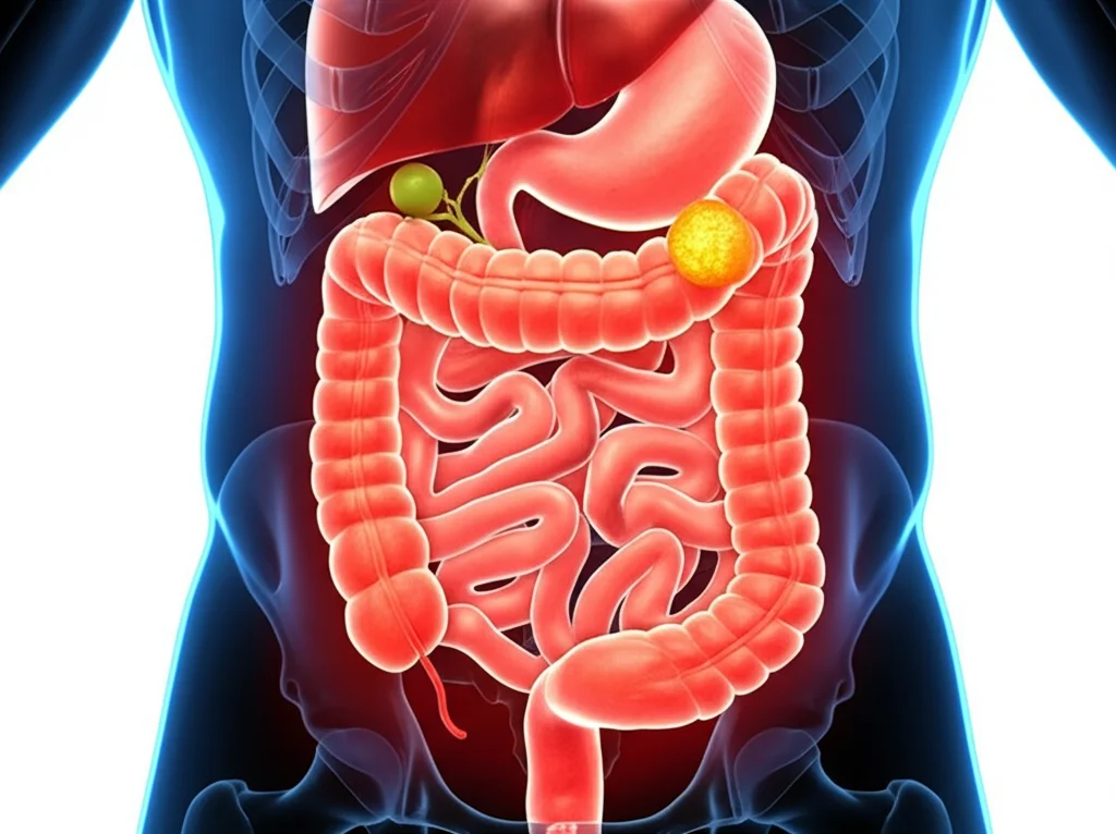 Illustrazione medica che mostra il grasso viscerale accumulato intorno agli organi addominali e le molecole infiammatorie rilasciate nel flusso sanguigno, stile fotorealistico con dettagli anatomici precisi, illuminazione chiara.