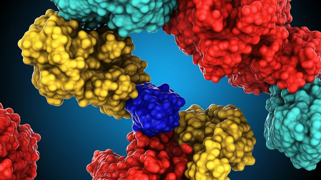 Schermata di un computer che mostra complessi modelli 3D di proteine e molecole del vaccino in fase di docking molecolare con un recettore TLR4. Si vedono le molecole colorate che si incastrano. Illuminazione da laboratorio virtuale controllata, alta risoluzione, focus sui dettagli dell'interazione molecolare. Prime lens, 50mm, depth of field.