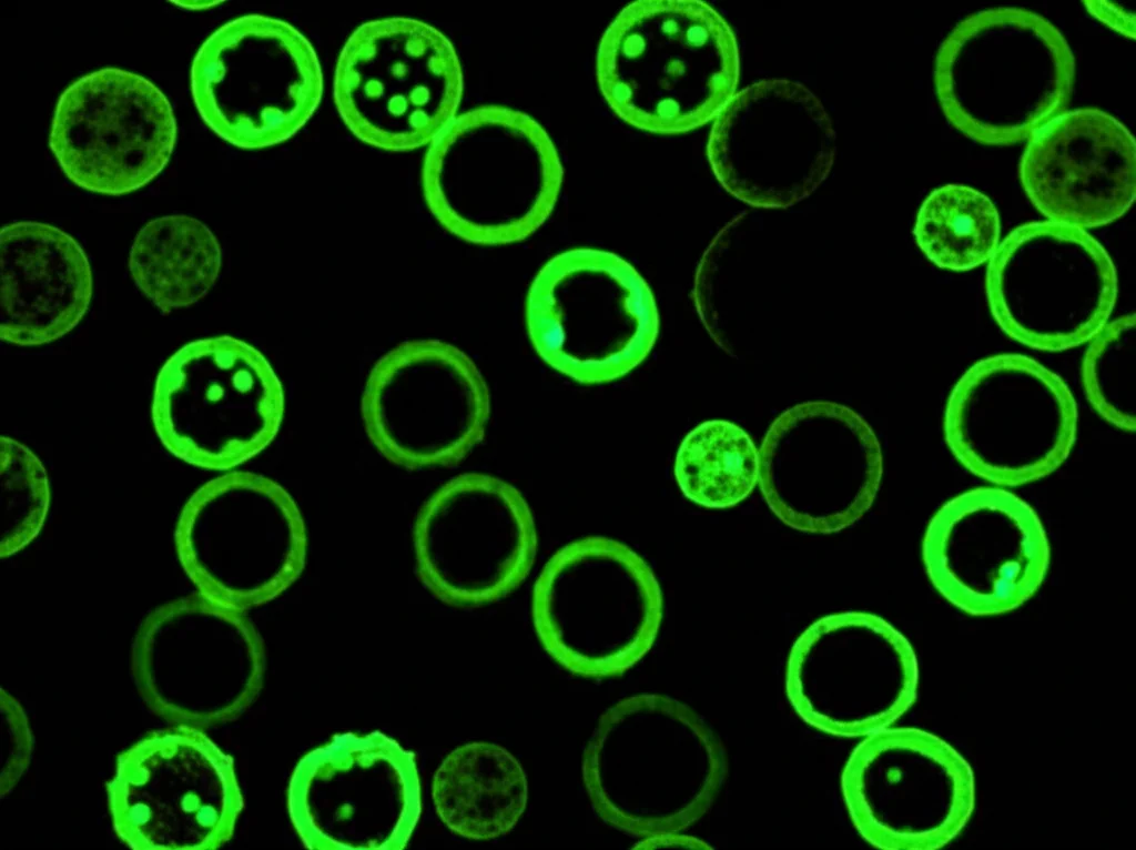 Simulazione di immagine da microscopio a fluorescenza che mostra protoplasti di vite sferici su sfondo scuro. Alcuni protoplasti emettono una brillante fluorescenza verde (GFP positivi), indicando una trasformazione riuscita, mentre altri rimangono scuri (negativi). Alta definizione, contrasto elevato.