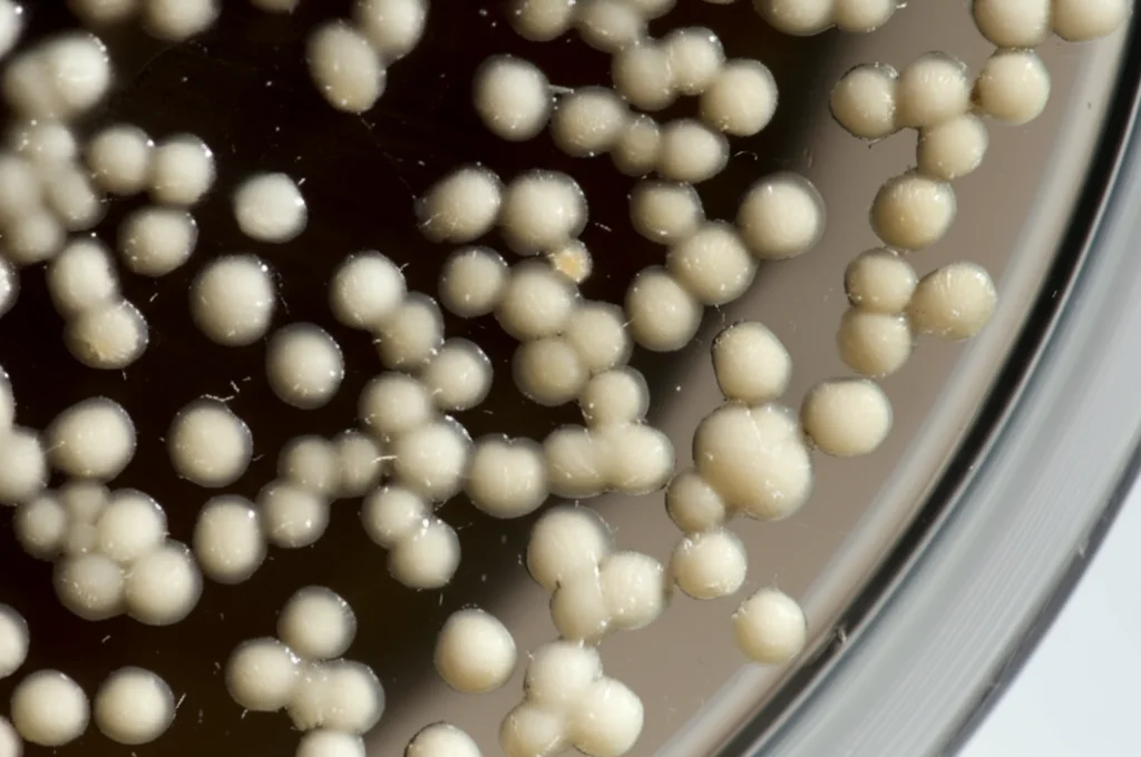 Fotografia macro con lente da 100mm di piccoli microcalli bianchi e grumosi che crescono su un terreno di coltura agar scuro all'interno di una piastra Petri. Si intravede lo strato di 'feeder layer' sottostante. Illuminazione controllata laterale per creare ombre e dare tridimensionalità ai calli, messa a fuoco precisa sui microcalli.