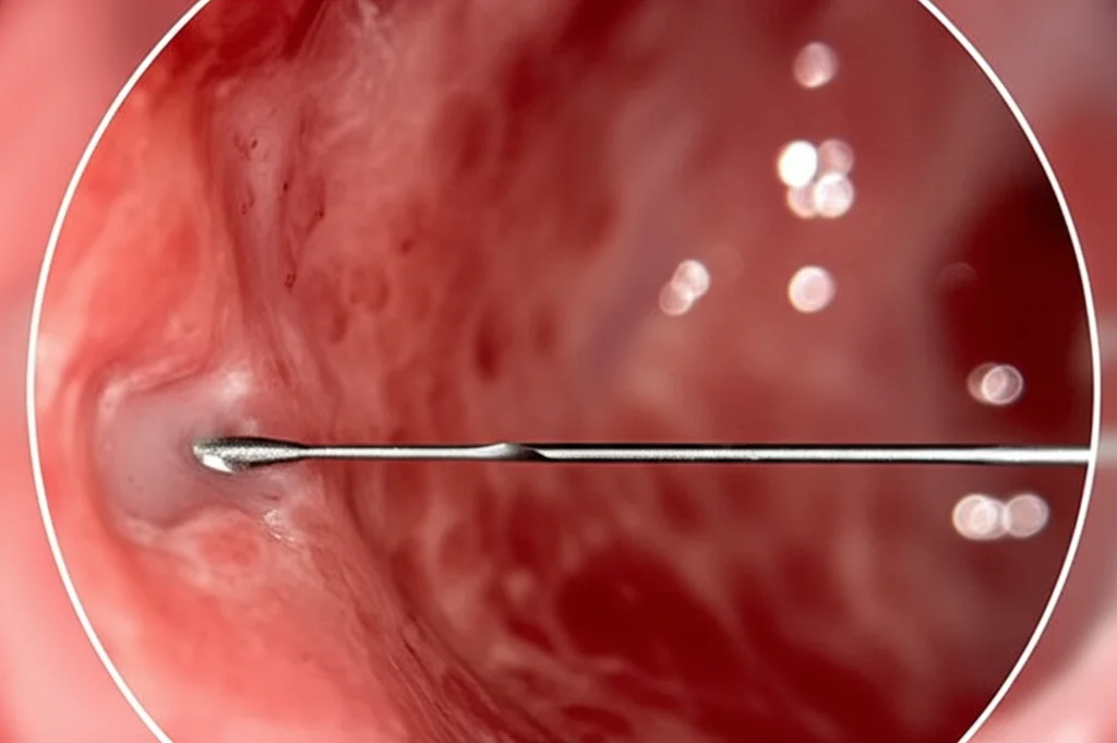 Immagine macro di un ago da biopsia FNB (tipo Fork-tip o Franseen) che entra delicatamente in una cisti pancreatica visualizzata su uno schermo ecografico durante un'ecoendoscopia (EUS). Illuminazione controllata, alta definizione, focus preciso sull'ago e sulla parete cistica. Lente macro, 100mm, alta definizione.