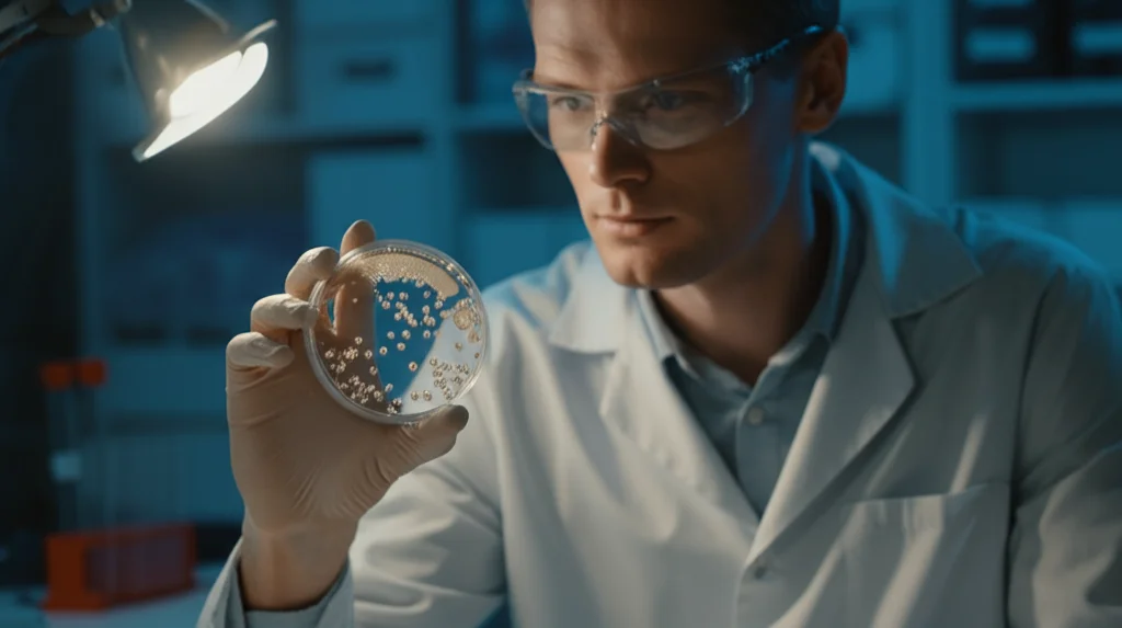 Ricercatore in camice bianco osserva attentamente una piastra di Petri con colonie batteriche di Pseudomonas aeruginosa sotto una luce da laboratorio intensa, simbolo dei test in vivo necessari dopo la progettazione computazionale del vaccino. Prime lens, 35mm, depth of field, colori realistici, espressione concentrata del ricercatore.