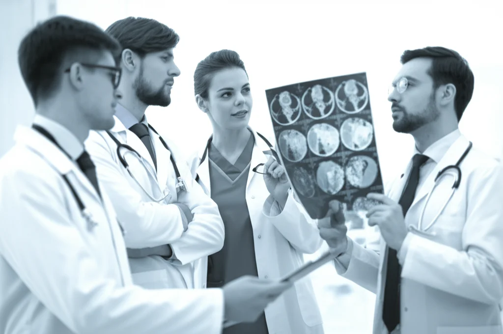 Fotografia di un team medico multidisciplinare (chirurgo, gastroenterologo, oncologo, radiologo) che discute davanti a immagini radiologiche e referti istologici di una cisti pancreatica. Espressioni concentrate ma collaborative. Luce da studio morbida, profondità di campo media per includere il team e le immagini. Lente prime, 35mm, bianco e nero.