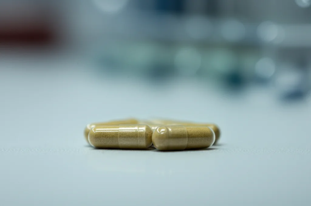 Primo piano di capsule di integratori di amminoacidi essenziali come lisina e treonina su un bancone di laboratorio pulito. Obiettivo macro 100mm, messa a fuoco precisa, illuminazione da studio.
