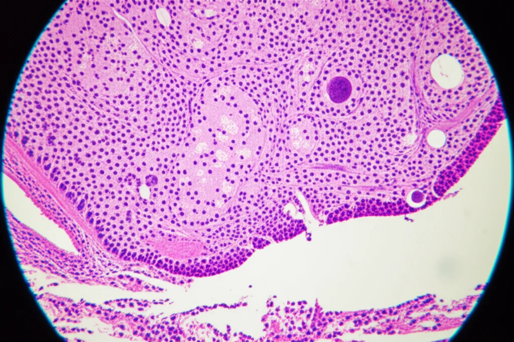 Microfotografia ad alta risoluzione di un campione istologico di una cisti pancreatica (es. IPMN con displasia di basso grado) colorato con ematossilina-eosina, visualizzato al microscopio. Dettagli cellulari nitidi, architettura ghiandolare visibile, illuminazione da microscopia. Lente macro specifica per microscopia, 105mm, alta definizione.