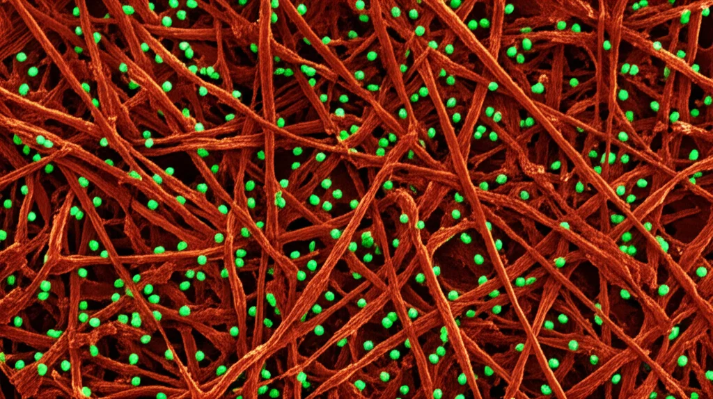 Illustrazione fotorealistica, lenti macro, 100 mm, raffigurante fibroblasti associati al cancro (cellule a forma di fuso) intrecciate all'interno di un microambiente tumorale, con molecole Fapi luminose che si legano selettivamente alla superficie dei fibroblasti. Alto dettaglio, focalizzazione precisa, illuminazione drammatica controllata che enfatizza il processo di legame.