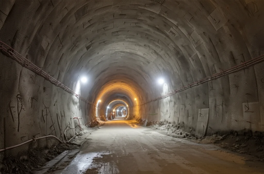 Fotografia di un tunnel moderno in costruzione, vista interna ampia che mostra la curvatura del soffitto e le pareti rocciose rinforzate con calcestruzzo proiettato e bulloni. Luce controllata da fari da cantiere, obiettivo grandangolare 15mm, messa a fuoco nitida su tutta la profondità, dettagli elevati sulla texture della roccia e del calcestruzzo.