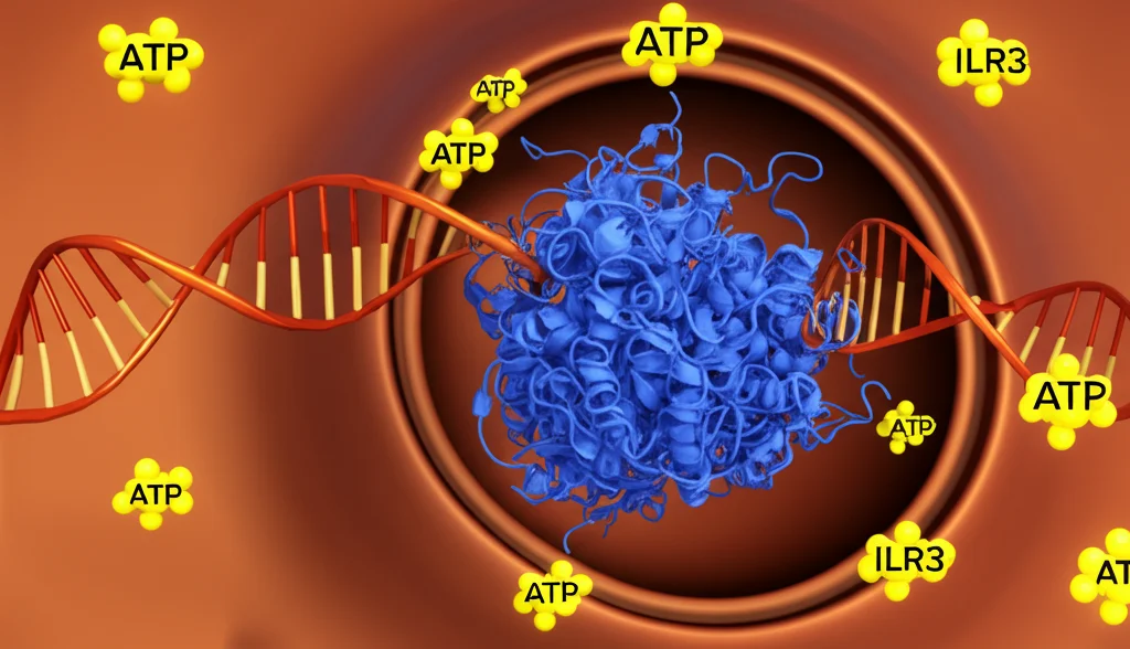 Illustrazione schematica 3D che mostra la proteina elicasi RNA RH24 (in blu) mentre interagisce e srotola un filamento di mRNA di ILR3 (in arancione) all'interno del nucleo cellulare. Molecole di ATP (in giallo) forniscono energia. L'immagine deve trasmettere l'idea di un processo molecolare dinamico e preciso.