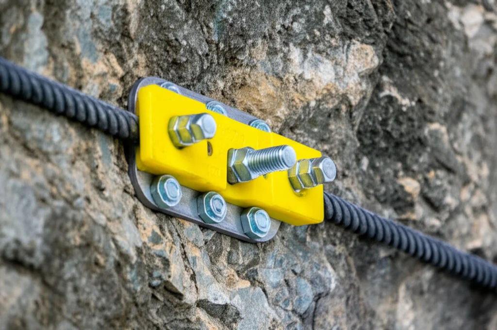 Primo piano di un bullone da roccia installato in una parete di tunnel, con una cella di carico gialla brillante attaccata vicino alla piastra di ancoraggio. Macro lens 90mm, messa a fuoco precisa sulla strumentazione e sulla texture della roccia circostante, illuminazione controllata per evidenziare i dettagli metallici e le marcature sulla cella di carico.