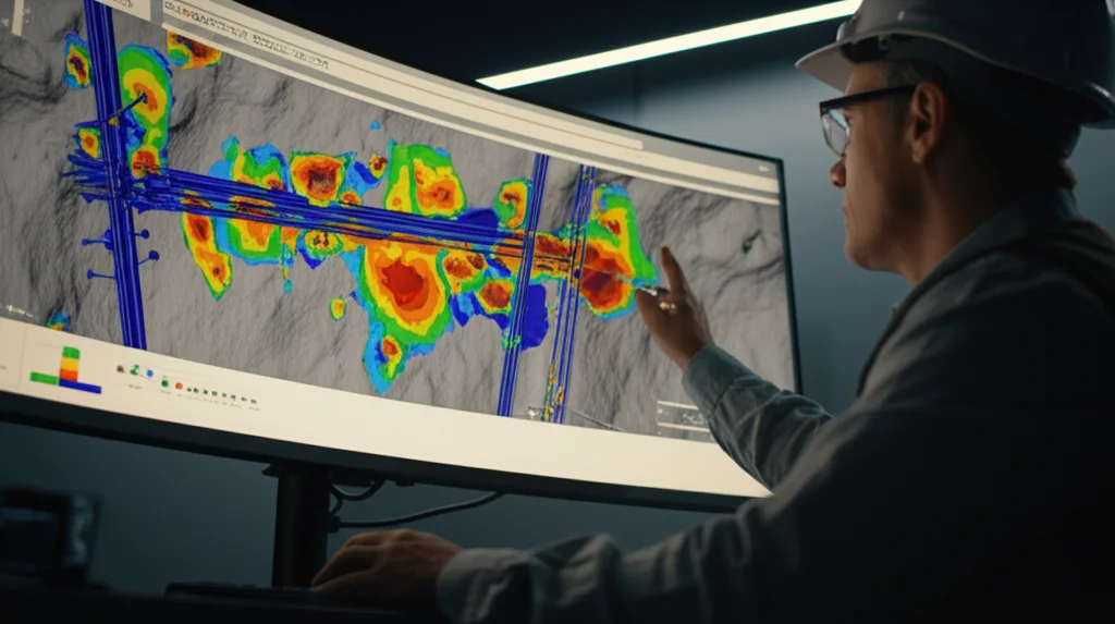 Fotografia di un ingegnere geotecnico che analizza una complessa simulazione FEM 3D di una galleria su un grande schermo curvo in una sala di controllo moderna. L'immagine sullo schermo mostra la distribuzione colorata degli stress nella roccia e sui bulloni. Profondità di campo ridotta con l'ingegnere a fuoco e lo schermo leggermente sfocato sullo sfondo, obiettivo prime 50mm, illuminazione ambientale soffusa high-tech.