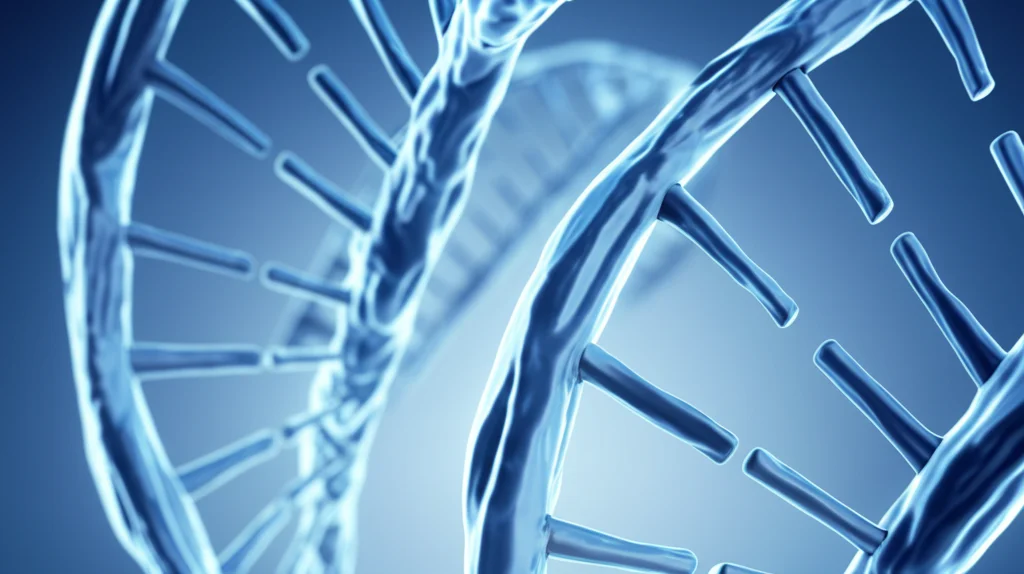 Scatto di lenti macro, lunghezza focale di 80 mm, che mostra una visione dettagliata dei fili del DNA che brillano in modo sottile in un ambiente di laboratorio, messa a fuoco precisa, controllata, illuminazione leggermente cool, che rappresenta la biotecnologia e la ricerca genetica per la distinzione.