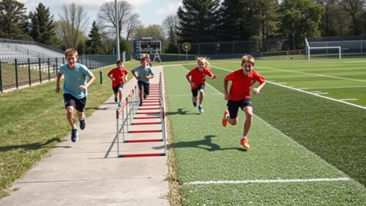 Giovani calciatori (15-17 anni) eseguono esercizi pliometrici come salti su ostacoli bassi durante un allenamento. Metà gruppo si allena su un vialetto di cemento adiacente al campo, l'altra metà sul campo in erba sintetica. Fotografia sportiva, teleobiettivo zoom 150mm, fast shutter speed, action tracking, luce diurna naturale.
