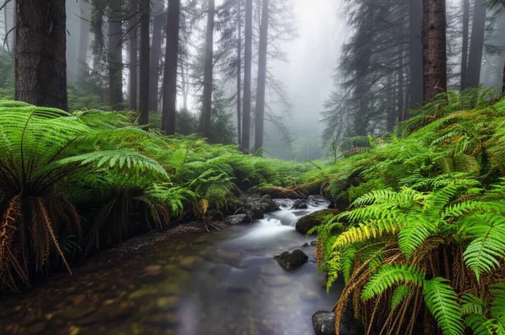 Paesaggio grandangolare, lunghezza focale di 15 mm, che mostra un ecosistema forestale incontaminato e intatto con flora diversificata e sottile nebbia mattutina, focus acuta, lunga esposizione che crea acqua liscia in un piccolo flusso, che simboleggia il rispetto dell'autonomia della natura.