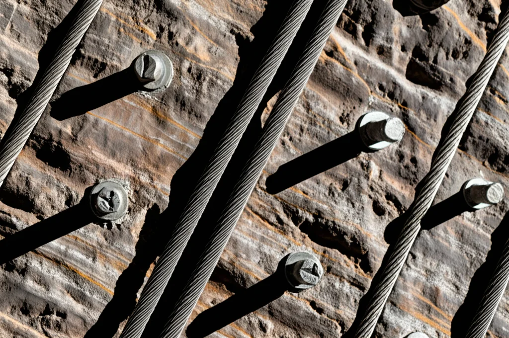 Sezione trasversale schematica ma fotorealistica di una galleria in roccia, che illustra chiaramente l'installazione alternata di bulloni corti e cavi di ancoraggio lunghi nella zona di 'cucitura'. Macro lens 70mm per evidenziare i dettagli dei bulloni, dei cavi e della stratificazione della roccia. Illuminazione direzionale laterale per creare ombre nette e dare profondità alla scena.