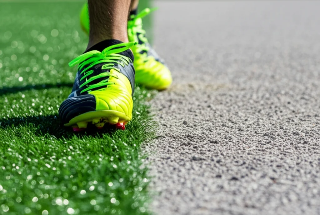 Primo piano macro sulle scarpe da calcio di un giovane atleta che atterra dopo un salto pliometrico. Metà immagine mostra l'atterraggio su erba sintetica verde brillante, l'altra metà su cemento grigio ruvido. Macro lens 90mm, high detail, precise focusing, controlled lighting simulando condizioni outdoor.