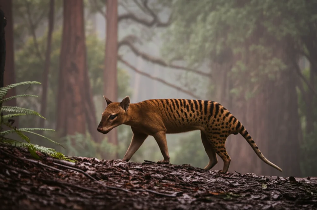 Teleotdo zoom scatto, 200 mm, catturando un'immagine solitaria e leggermente sfocata di una tilacina (tigre della Tasmania) che svanisce in un background forestale tasmaniano nebbioso, una velocità dell'otturatore veloce che suggerisce uno sguardo fugace, evocando la perdita e le questioni etiche della sua revival e della sua potenziale sofferenza.