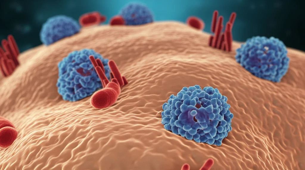 Visualizzazione 3D fotorealistica di una cellula tumorale pancreatica con pompe di efflusso (come ABCG2) sulla membrana che espellono molecole di farmaco chemioterapico. Illuminazione drammatica, lente macro 90mm, alto dettaglio molecolare.