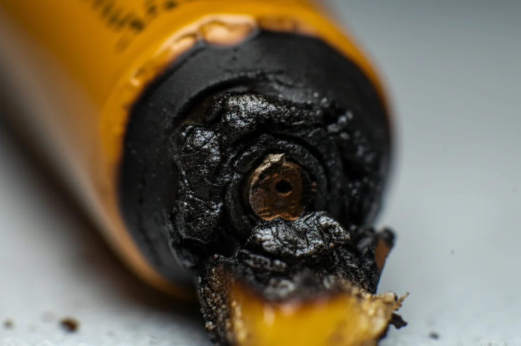 Fotografia macro di una batteria agli ioni di litio per sigaretta elettronica danneggiata e parzialmente fusa dopo un evento di thermal runaway, obiettivo macro 100mm, alta definizione dei dettagli bruciati, illuminazione controllata per evidenziare la texture del danno.