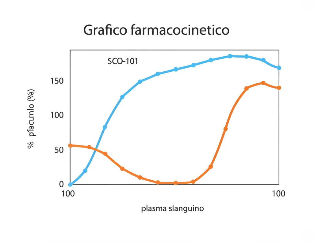 Grafico farmacocinetico astratto che mostra l'accumulo di un farmaco (SCO-101) nel plasma sanguigno dopo dosi ripetute, stile infografica scientifica, linee pulite, colori blu e arancione, sfondo bianco.