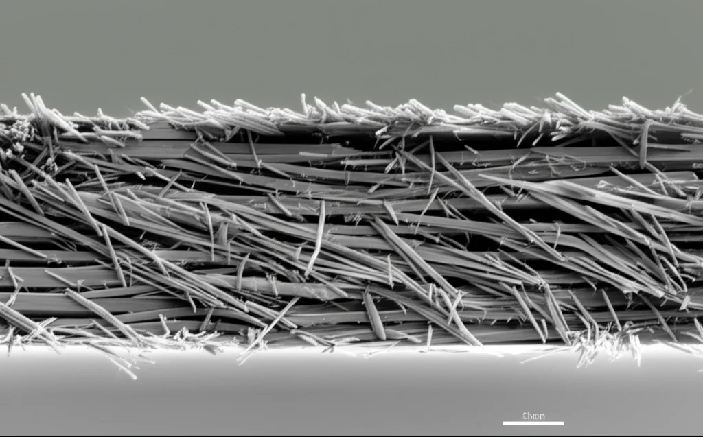 Immagine macro fotorealistica di un campione di laminato composito in fibra di carbonio AS4/3501 [0/90/0/90]s dopo un test di trazione. Si vede la superficie di frattura netta, tipica di una rottura fragile, con alcune fibre sporgenti. Illuminazione controllata da laboratorio, obiettivo macro 100mm, alta definizione, messa a fuoco precisa sulla frattura.