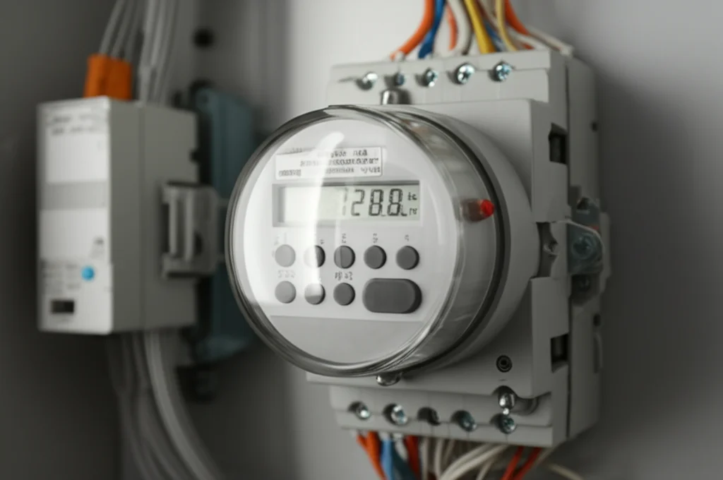 Primo piano di un contatore elettrico digitale moderno che mostra valori stabili e bassi consumi, con un leggero effetto bokeh sullo sfondo di un quadro elettrico domestico, illuminazione morbida, obiettivo 50mm.