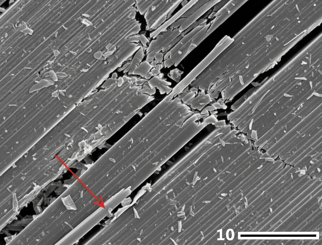 Immagine SEM (microscopio elettronico a scansione) ad alto ingrandimento che mostra la delaminazione tra due strati di un laminato CFRP dopo un test di flessione a tre punti. Si vedono chiaramente gli strati separati e alcune fibre rotte all'interfaccia. Dettaglio elevato, illuminazione da laboratorio.