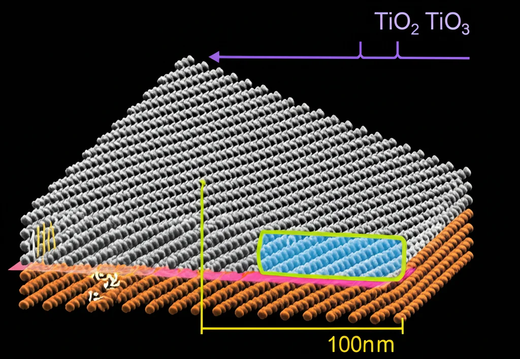 Visualizzazione 3D di una struttura a cristallo fotonico 1D basata sulla sequenza di Cantor, con strati alternati di TiO2 e Al2O3 su un substrato di silicio. Un livello centrale di difetto in silicio poroso drogato è evidenziato. Illuminazione controllata, stile illustrazione scientifica, alta definizione, obiettivo macro 100mm.
