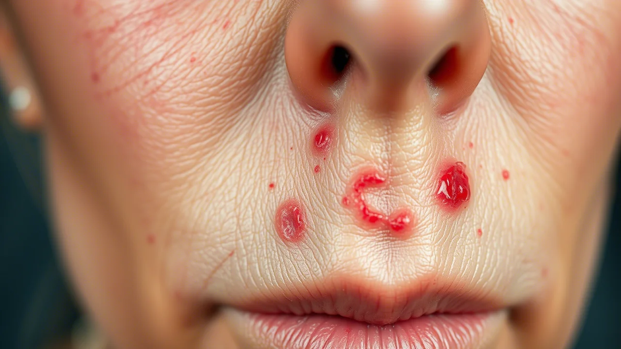 Fotografia macro di un'eruzione cutanea eritematosa e pruriginosa sul viso di una donna, obiettivo macro 100mm, alta definizione dei dettagli della pelle infiammata, illuminazione clinica controllata.