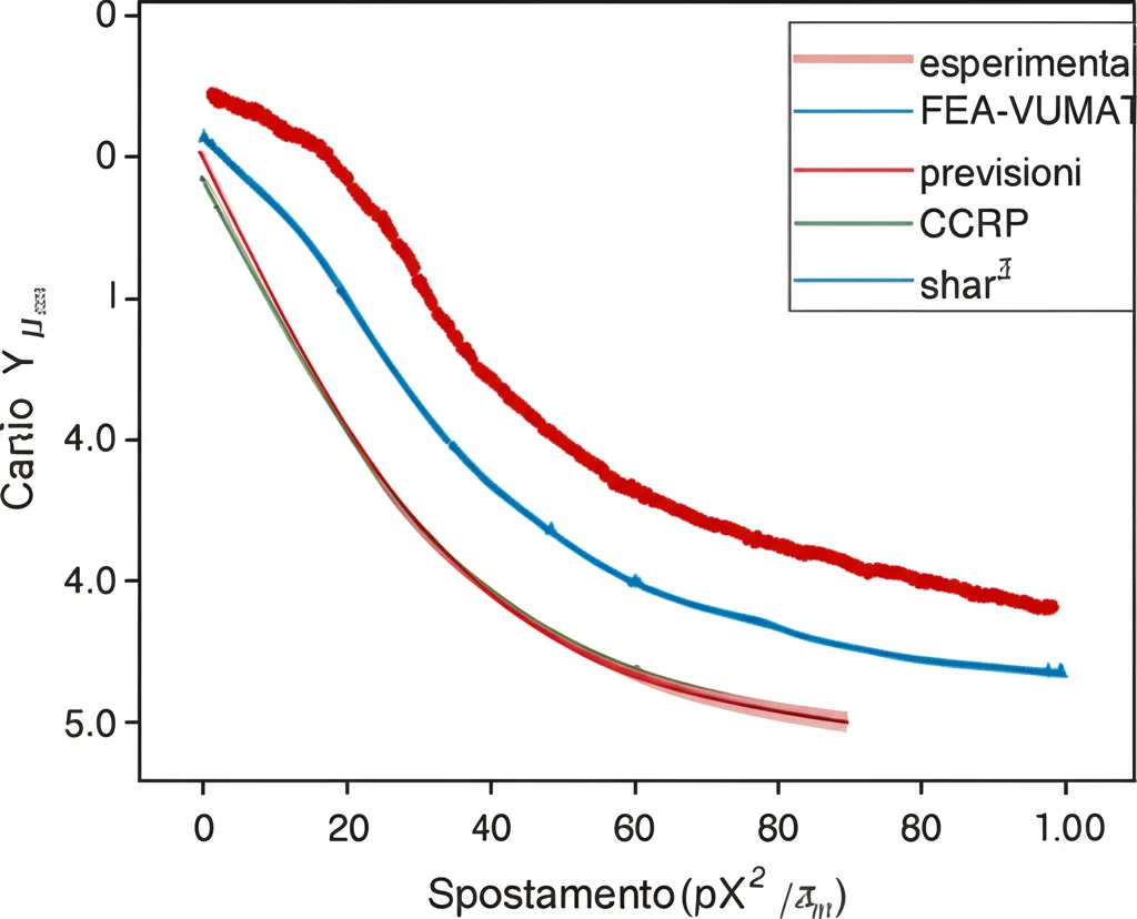 Grafico comparativo che mostra due curve sovrapposte: una blu (risultati sperimentali) e una rossa (previsioni del modello FEA-VUMAT) per un test di flessione su CFRP. Le curve mostrano il carico sull'asse Y e lo spostamento sull'asse X, evidenziando l'ottima corrispondenza tra esperimento e simulazione fino al punto di rottura.