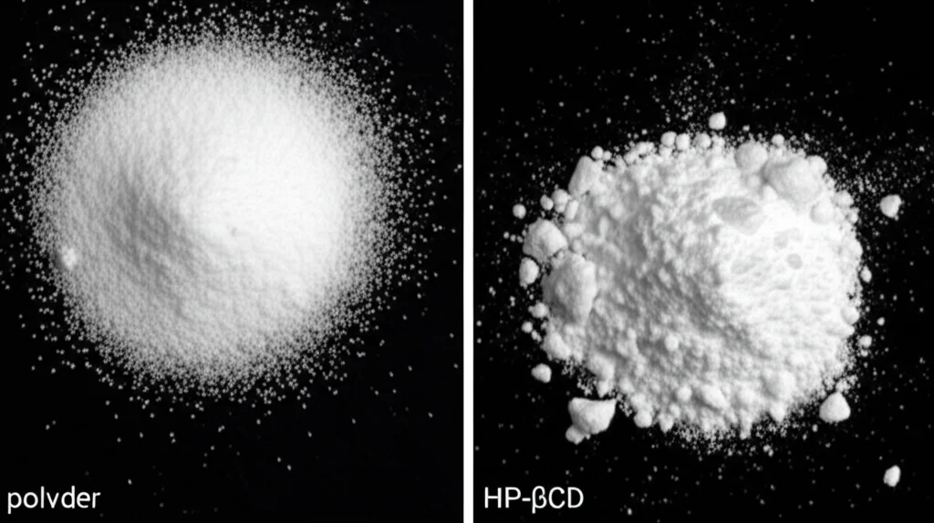 Macro fotografia (obiettivo macro 100mm) di polvere bianca fine (Azitromicina) accanto a una polvere leggermente più granulosa (HP-βCD) su una superficie scura da laboratorio, con illuminazione controllata laterale per evidenziare le texture, alta definizione, messa a fuoco precisa sulla polvere.