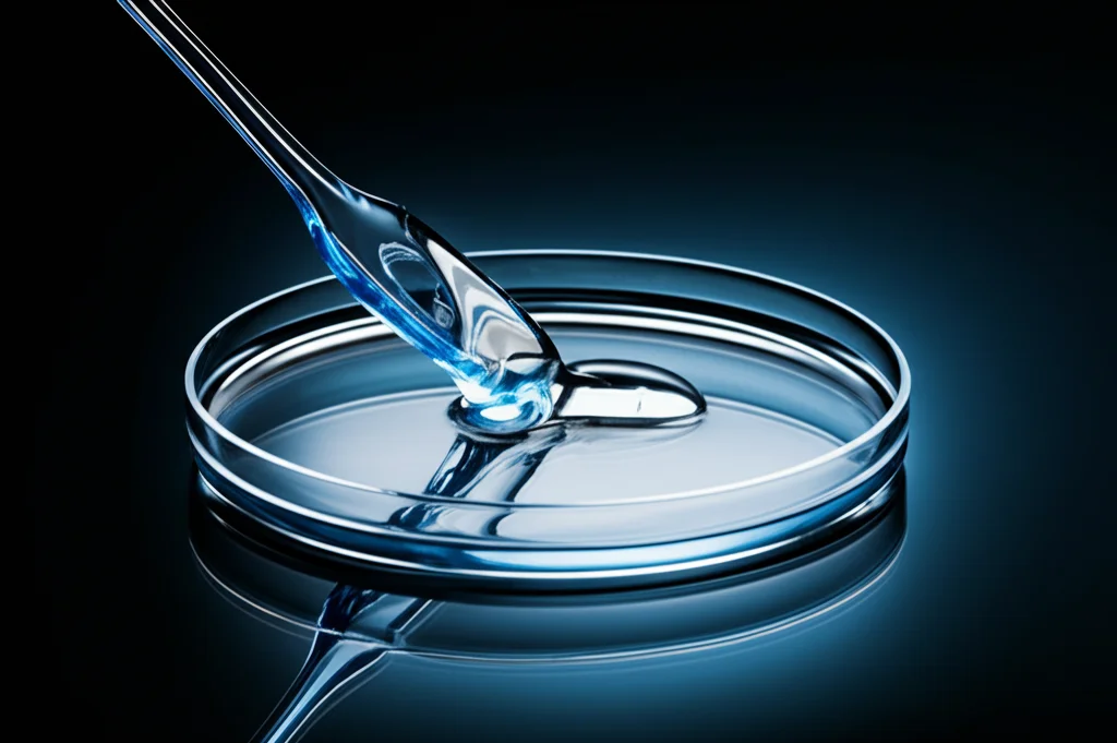 Fotografia still life (obiettivo macro 60mm) di un gel trasparente e viscoso in una piastra di Petri da laboratorio, con una spatola che ne testa la consistenza, illuminazione da studio controllata per mostrare la trasparenza e la viscosità, alta definizione.