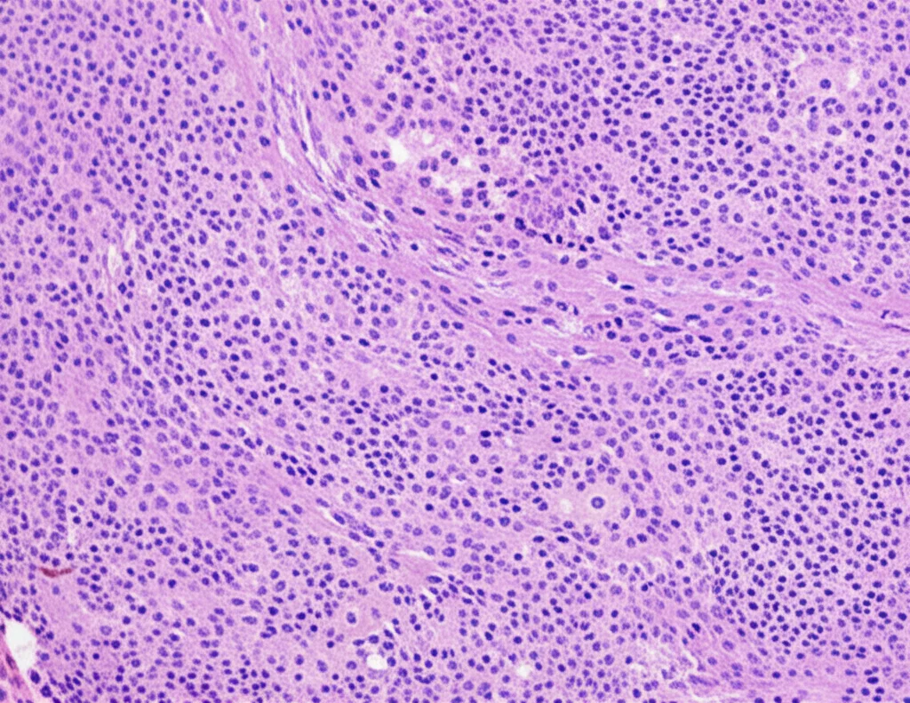 Immagine microscopica di un campione di linfonodo con colorazione immunoistochimica che mostra l'accumulo di plasmacellule IgG4-positive, obiettivo macro 60mm, alta definizione, illuminazione da microscopio.