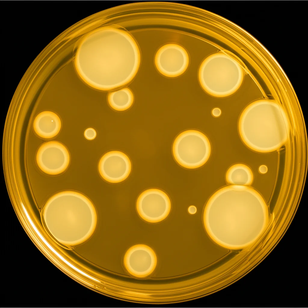 Fotografia macro (obiettivo 80mm) di una piastra di Petri con terreno di coltura agarizzato, che mostra zone circolari chiare (zone di inibizione) attorno a pozzetti contenenti il gel, indicando l'attività antibatterica contro Staphylococcus aureus, illuminazione dall'alto, alta definizione.