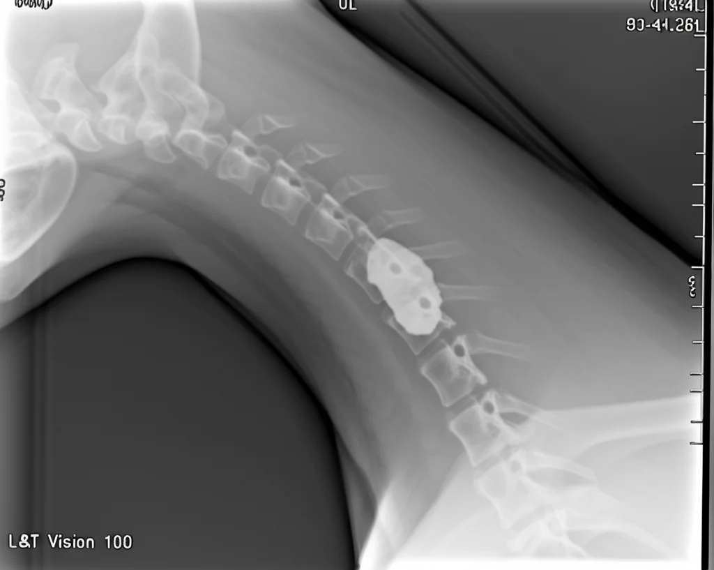 Immagine radiografica (stile X-ray) del collo di un piccolo animale (ratto), dove si evidenzia un'area opaca (dovuta al mezzo di contrasto nel gel) nella regione della gola, catturata con un braccio a C (macchina a raggi X LeT Vision 100), dettagli tecnici visibili sullo sfondo sfocato.