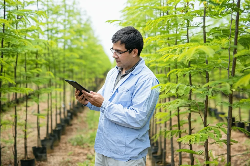 Scatto grandangolare, 24 mm, di un ricercatore che esamina i dati di crescita degli alberi su uno schermo di tablet tra le file di giovani alberi di acacia in una prova di progenie, focalizzarsi in modo forte sia per il ricercatore che sugli alberi, la luce del giorno naturale.