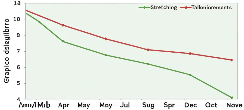 Grafico scientifico stilizzato che mostra due linee di tendenza divergenti su 6 mesi: una linea verde (stretching) che scende indicando miglioramento dell'equilibrio, e una linea rossa (talloniere) che sale indicando peggioramento. Sfondo neutro, alta definizione.