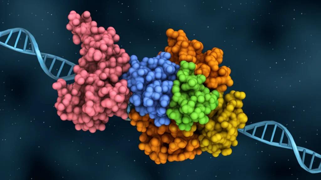 Visualizzazione 3D fotorealistica del processo di splicing alternativo dell'RNA, con la proteina Eftud2 (rappresentata come una complessa struttura molecolare) che interagisce con un filamento di pre-mRNA di Kif3a, causando il 'salto' degli esoni 10-11, sfondo scuro con dettagli molecolari illuminati, stile cinematografico scientifico.