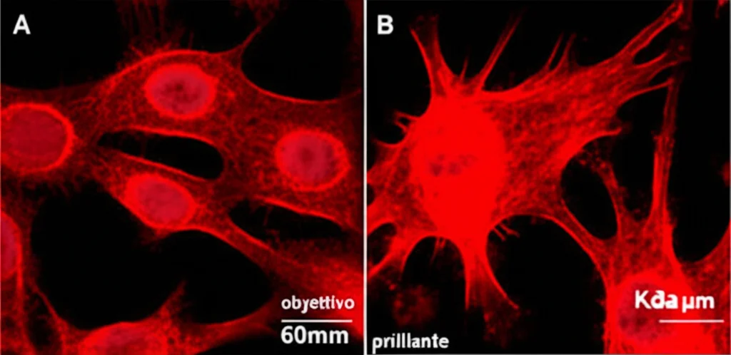 Fotografia al microscopio confocale di cellule di medulloblastoma (linea Daoy) in coltura, obiettivo 60mm, alta definizione, che mostrano una rapida proliferazione evidenziata dalla marcatura EdU (rosso brillante) nei nuclei, confrontando cellule con Kif3a normale e quelle con Kif3aΔE10-11, profondità di campo ridotta per isolare le cellule a fuoco.