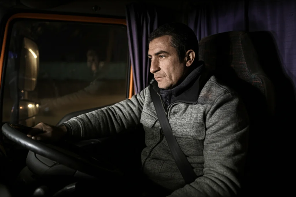 Un autista iraniano dall'aspetto stanco e stressato, seduto al volante del suo camion durante una sosta notturna. La luce fioca della cabina illumina parzialmente il suo volto teso. Fotografia realistica, obiettivo 35mm, stile film noir con contrasti forti e ombre profonde per enfatizzare la fatica e la tensione.