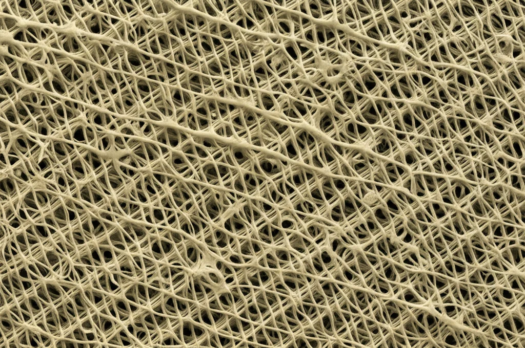 Fotografia macro, lente 80mm, della superficie di un elettrodo a diffusione gassosa rivestito da una rete fine di fibre polimeriche (MODL), alto dettaglio, illuminazione scientifica controllata che evidenzia la struttura porosa.