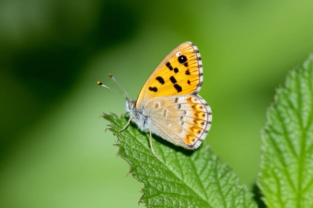 Macro fotografia di una farfalla della specie Brenthis ino, considerata localmente adattata, posata su una foglia in un ambiente che suggerisce condizioni climatiche leggermente anomale, forse un freddo inaspettato. La farfalla appare immobile, quasi 'stressata'. Macro lens, 80mm, high detail, precise focusing, controlled lighting.