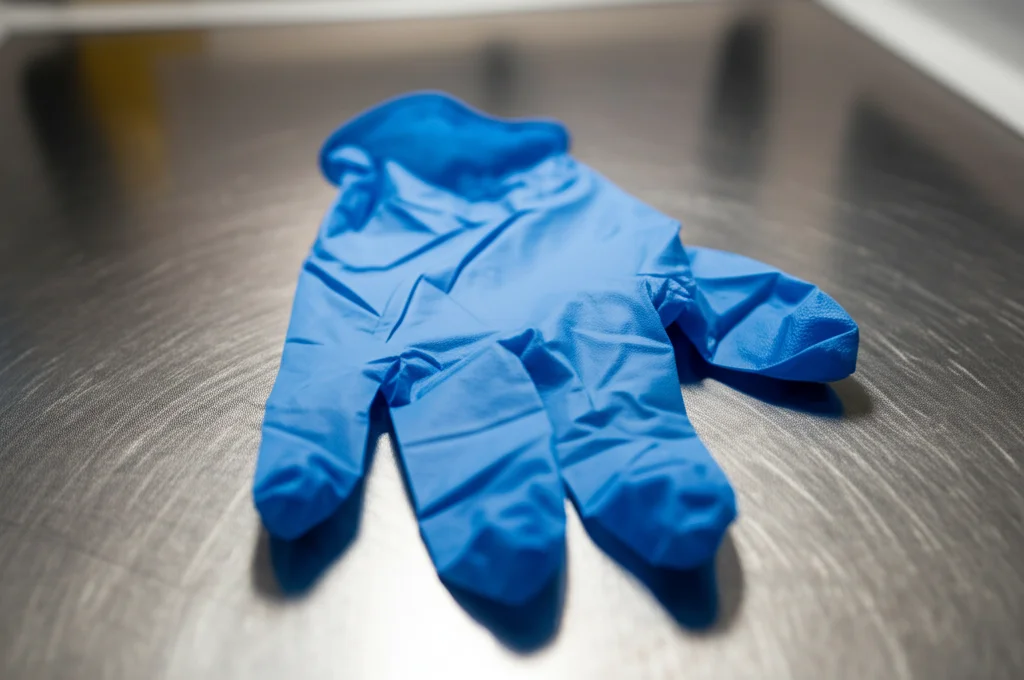 Fotografia macro di un guanto medico sterile blu appoggiato su una superficie metallica pulita all'interno di un'ambulanza, obiettivo macro 100mm, alta definizione, messa a fuoco precisa sulla texture del guanto, illuminazione controllata laterale per creare ombre morbide, simboleggiando la precisione e l'igiene nelle competenze cliniche.
